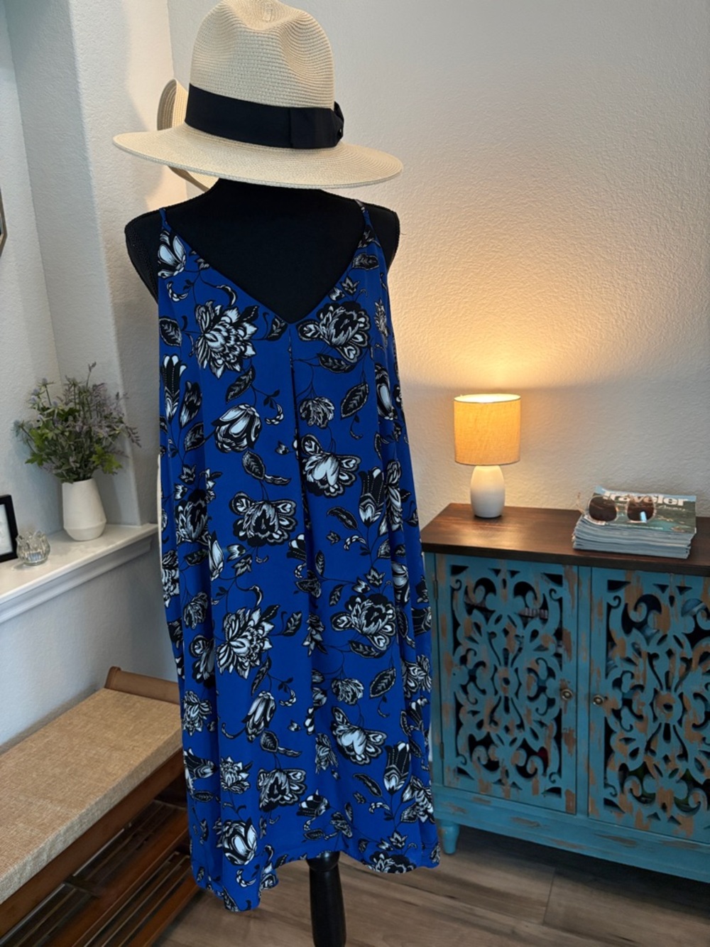 Blue Floral V-Neck Spaghetti-Strap Dress
